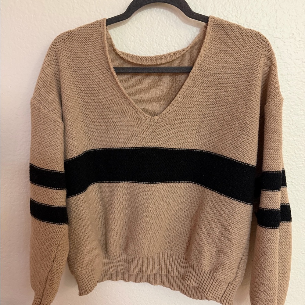Beige V-Neck Striped Sweater - Women